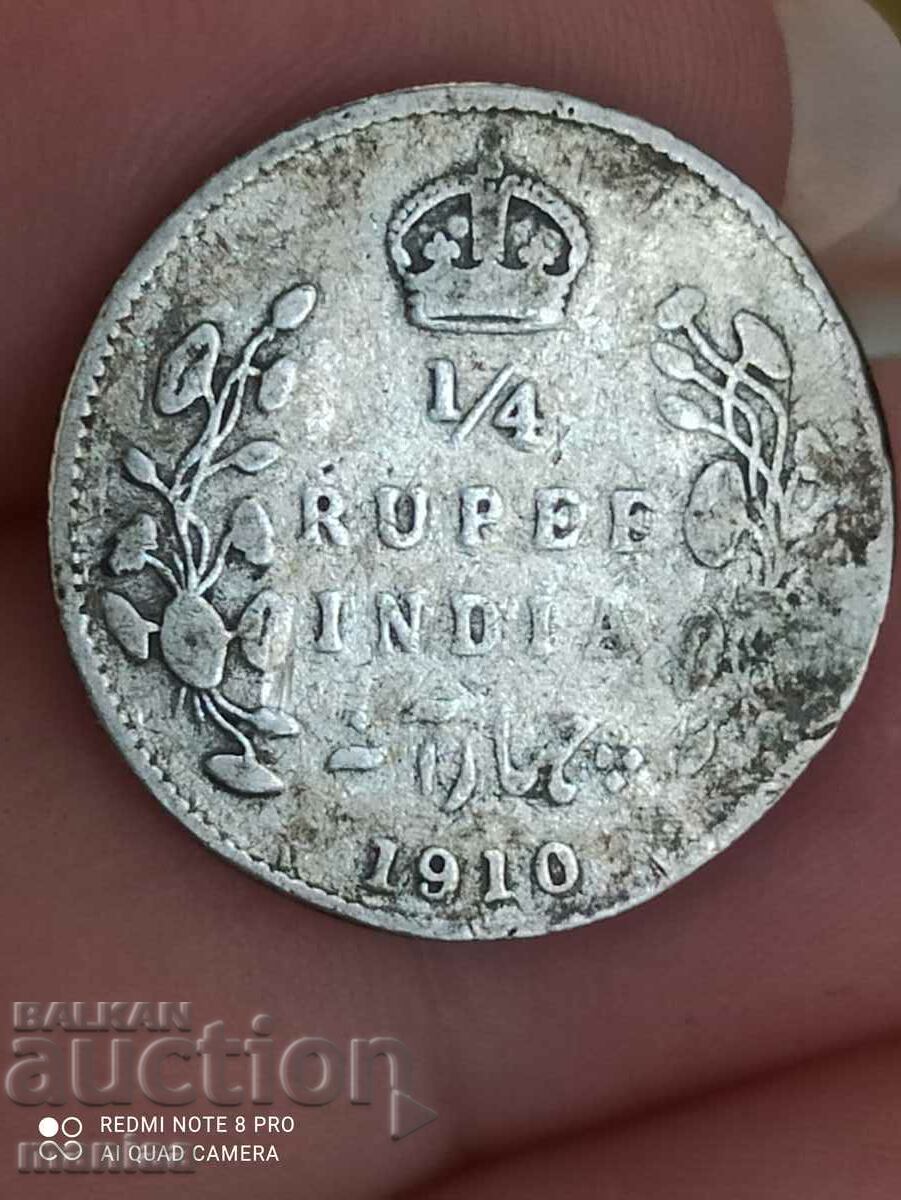 1/4 Rupee 1910 India Silver