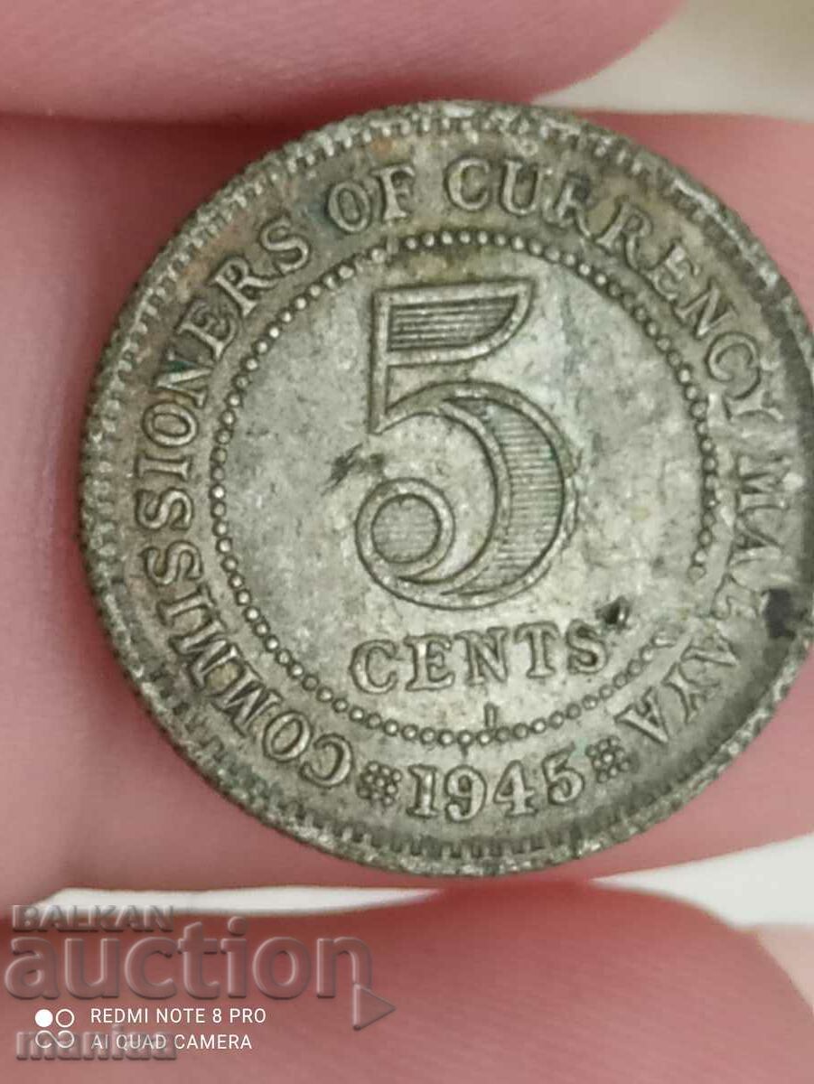 5 cents 1945 silver Malaya - 6 5 cents 1945 silver Malaya - 6