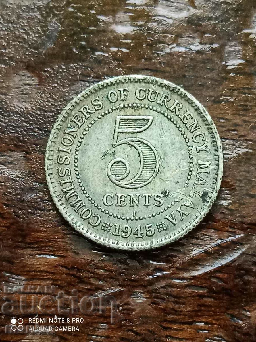 5 cents 1945 silver Malaya 5 cents 1945 silver Malaya