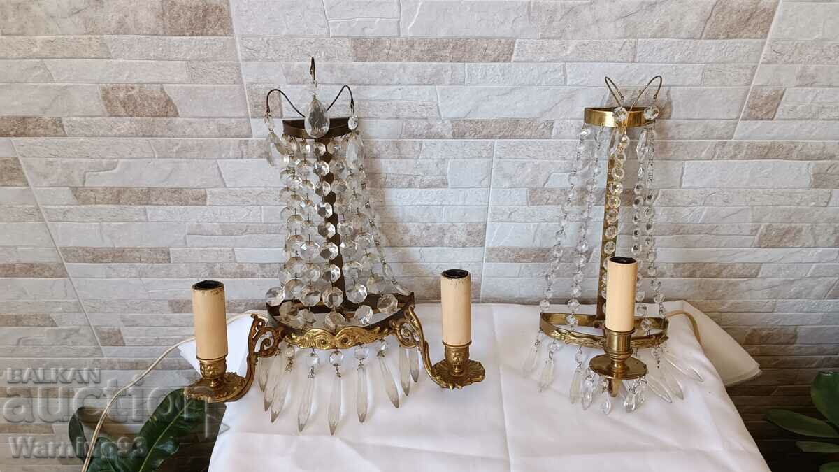 Old wall lamps / sconces - brass and glass - set
