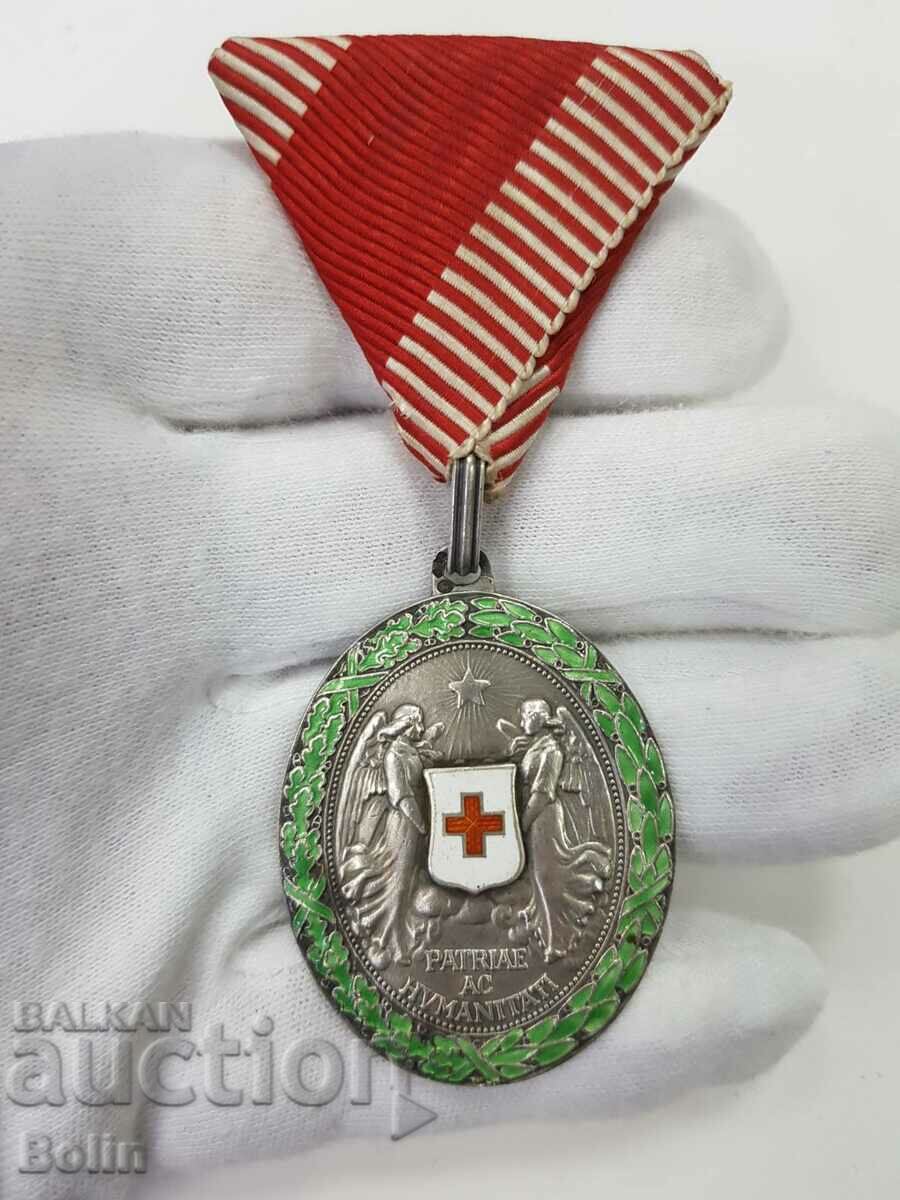Rare insignă cu medalie de argint austriacă Crucea Roșie 1864-1914