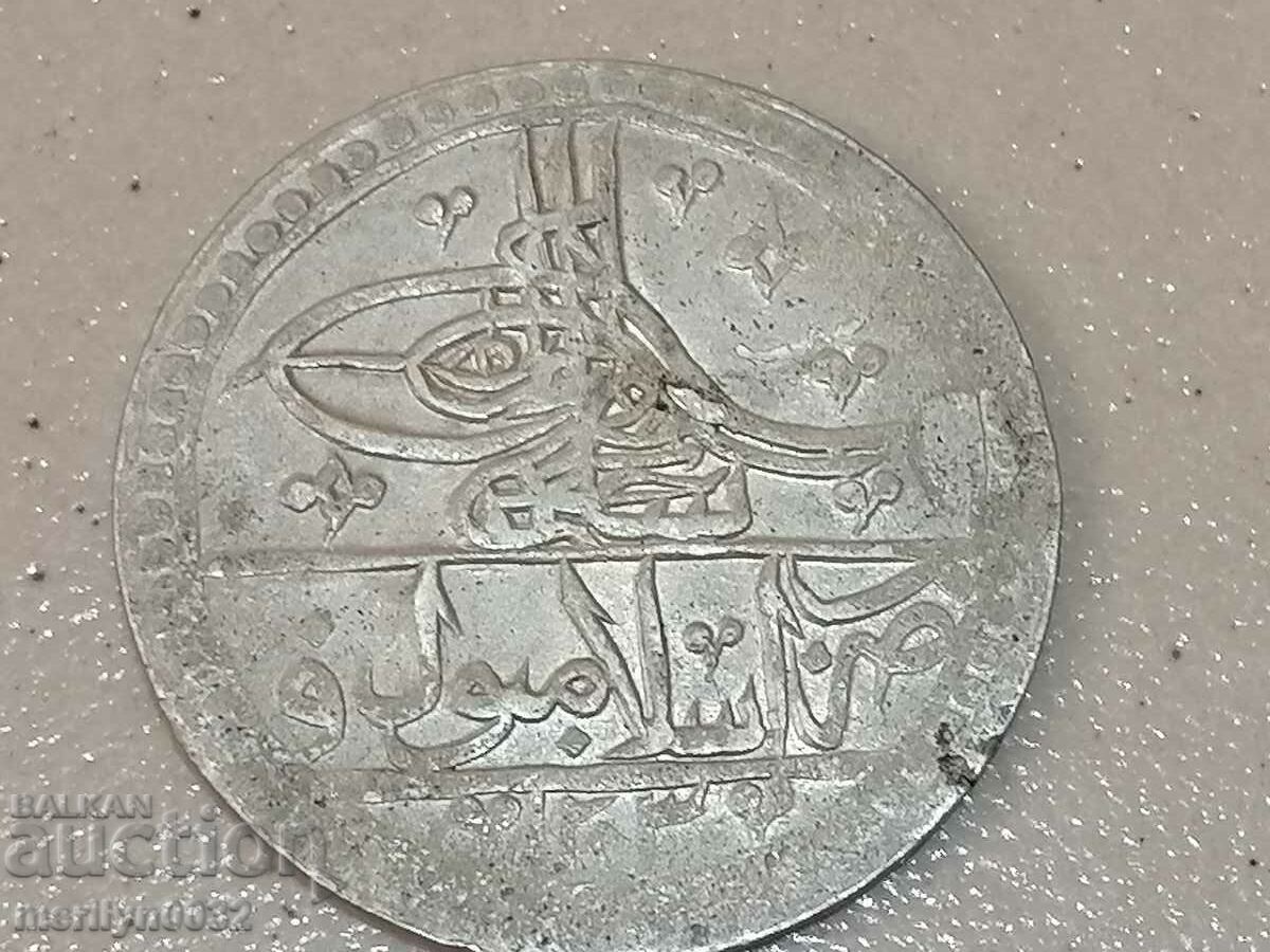 Moneda otomană de argint 32g 465/1000 1203 ani 2 aur YUZLUK
