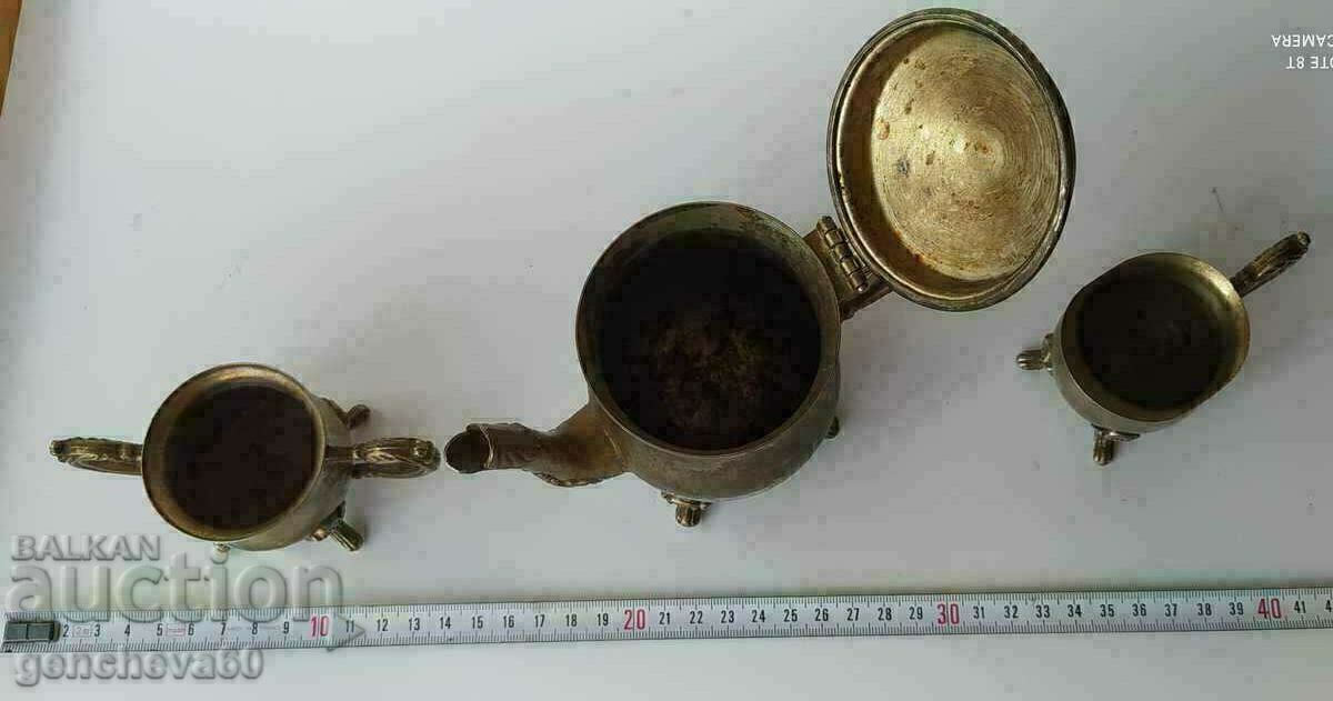 Antique teapot, sugar bowl, cup, brass set - 5 Antique teapot, sugar bowl, cup, brass set - 5