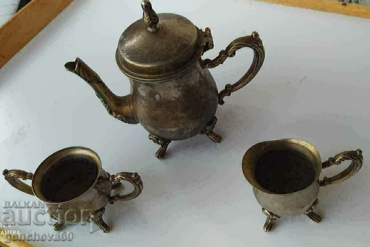 Antique teapot, sugar bowl, cup, brass set - 6 Antique teapot, sugar bowl, cup, brass set - 6