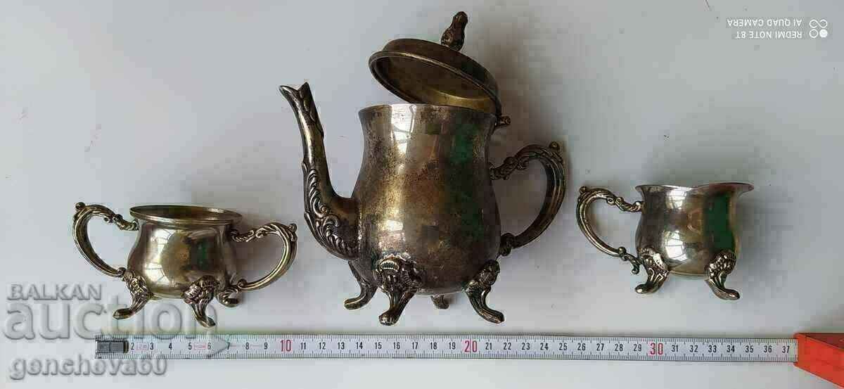 Antique teapot, sugar bowl, cup, brass set - 7 Antique teapot, sugar bowl, cup, brass set - 7