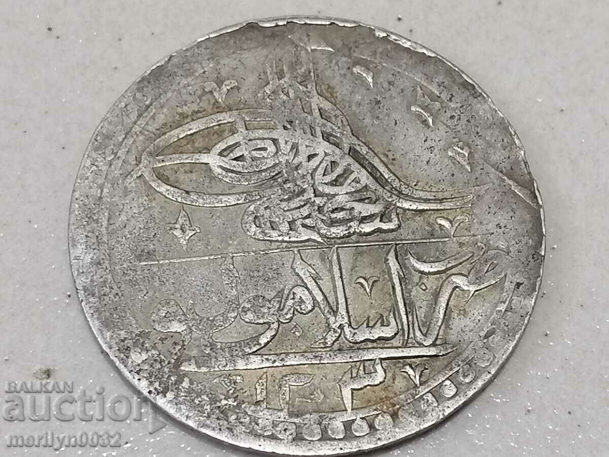 Monedă otomană de argint 31g 465/1000 1203 ani 2 aur YUZLUK