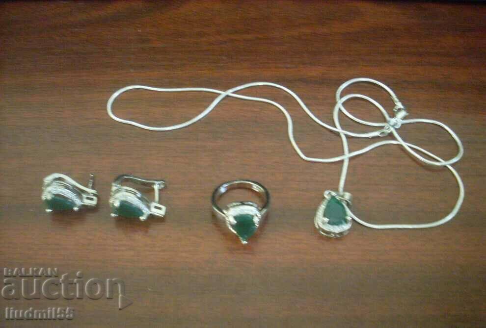 Set inele colier - cercei 17mm cu cristal verde