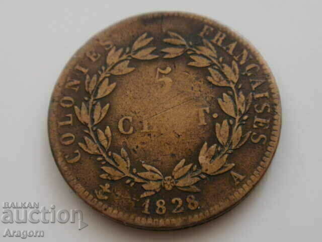 moneda rara colonii franceze 5 centimes 1828; colonii franceze