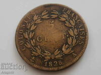 рядка монетa Френски колонии 5 сантима 1828; French colonies