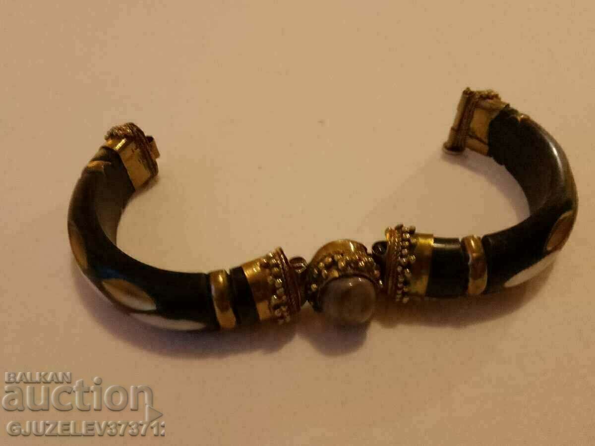 Vintage bracelet wood brass agate and mother of pearl - 7 Vintage bracelet wood brass agate and mother of pearl - 7