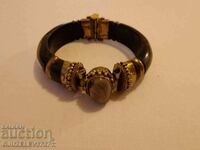 Vintage bracelet wood brass agate and mother of pearl