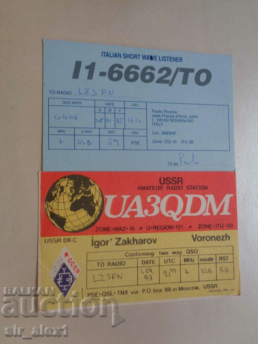 Două carduri de radioamator Italia și URSS