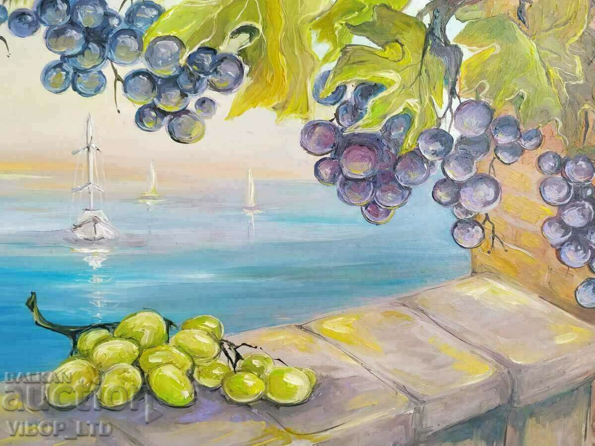 Παράδοση καλλιτέχνης/πίνακας "ΣΤΑΦΥΛΙ ΚΑΙ ΘΑΛΑΣΣΑ"/λάδι/καμβάς/κάδρο/υπογραφή Παράδοση καλλιτέχνης/πίνακας "ΣΤΑΦΥΛΙ ΚΑΙ ΘΑΛΑΣΣΑ"/λάδι/καμβάς/κάδρο/υπογραφή