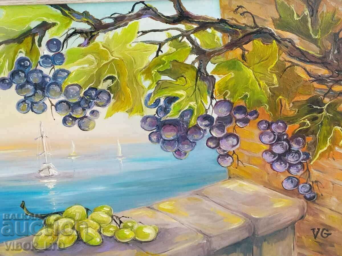 artist/painting "GRAPE AND SEA"/oil/canvas/frame/signature