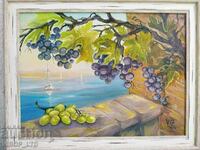 artist/painting "GRAPE AND SEA"/oil/canvas/frame/signature