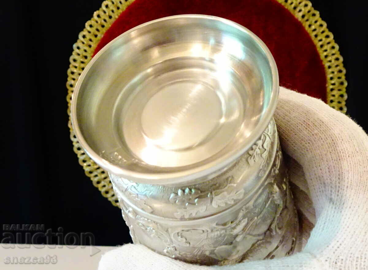 Pewter goblet with hunter and deer 10 cm. - 6 Pewter goblet with hunter and deer 10 cm. - 6