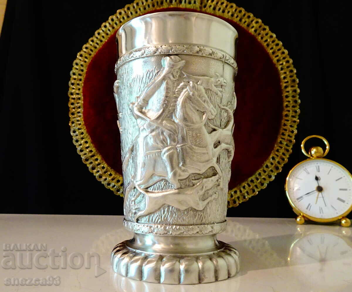 Pewter goblet, medieval hunting painting masterpiece.