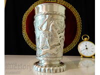 Pewter goblet, medieval hunting painting masterpiece.