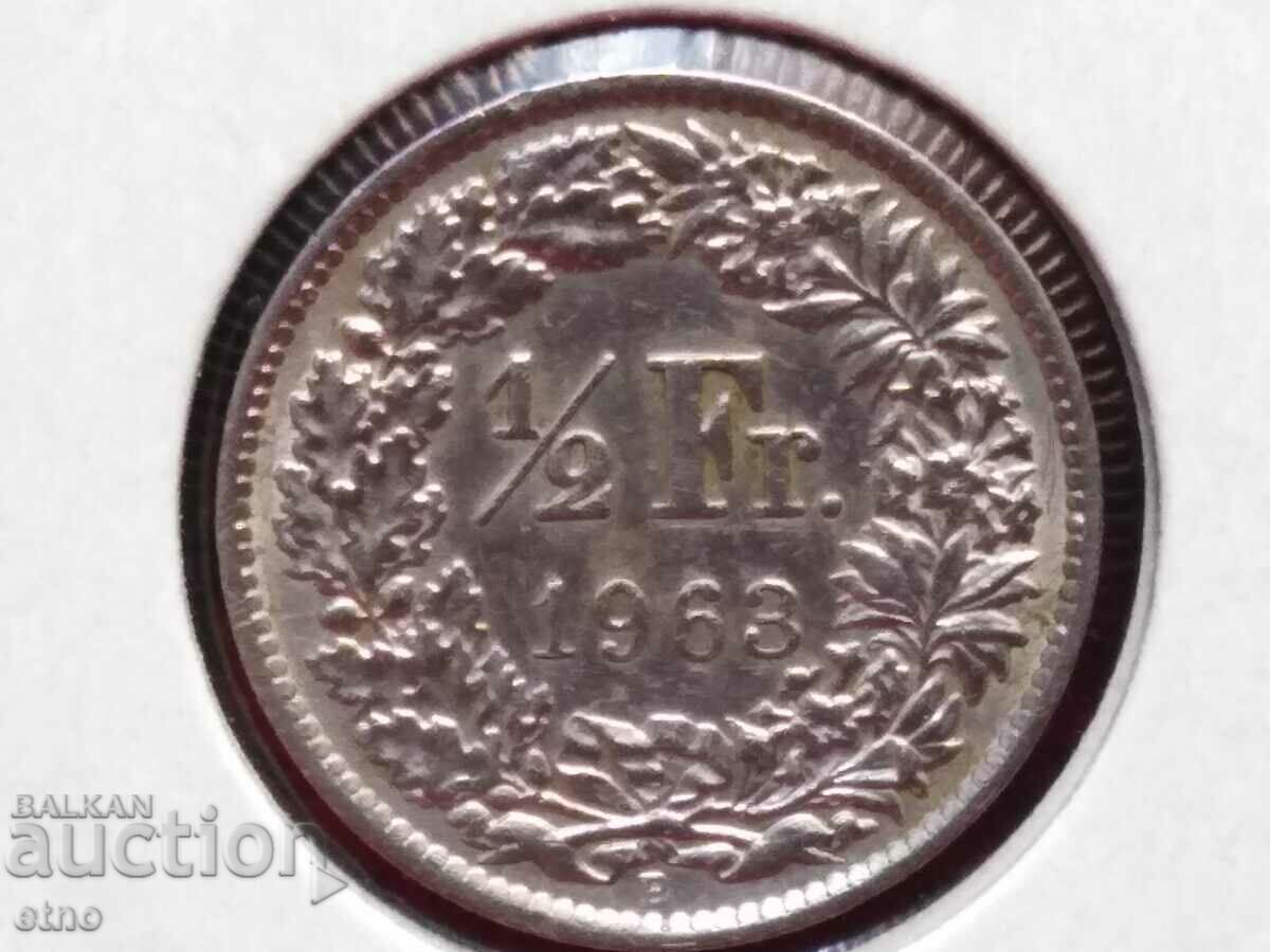 1/2 франк,1963 ,Швейцария ,СРЕБРО 0.835, МОНЕТА