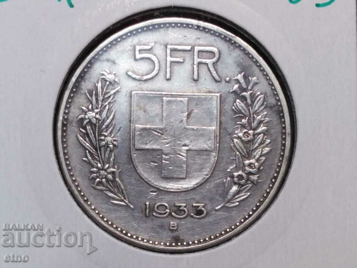 5 franci 1933, Elveția, ARGINT 0,835, MONEDĂ