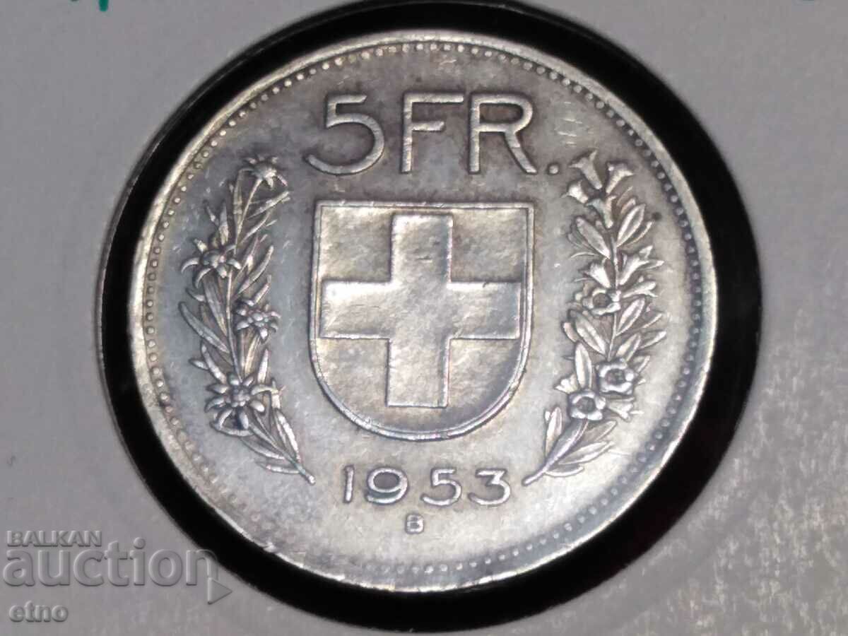 5 franci 1953, Elveția, ARGINT 0,835, MONEDĂ