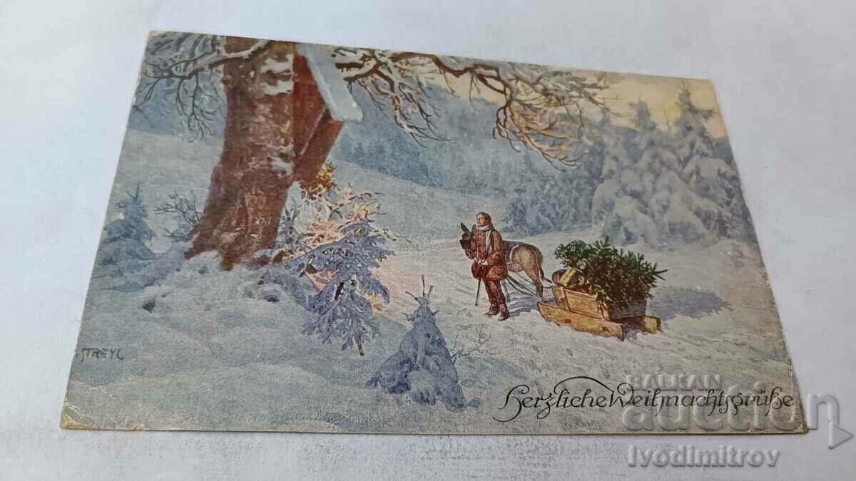 Carte poștală Omul cu măgar și sanie iarna