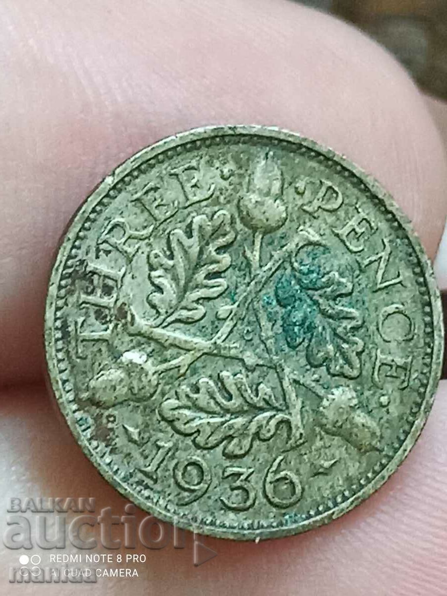 3 пенса 1936 г Великобритания сребро