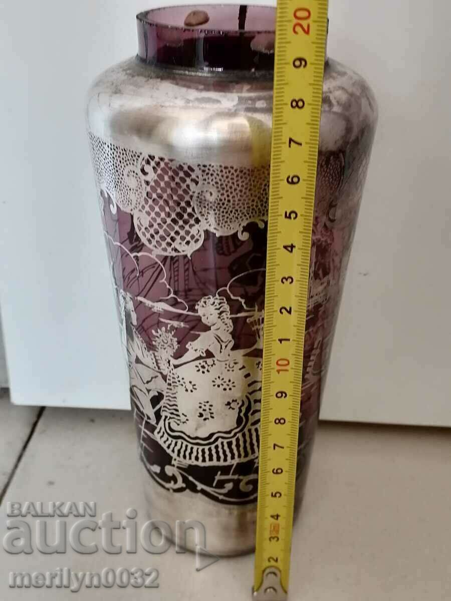 Old vase 20 cm hand applied with silver colored glass - 5