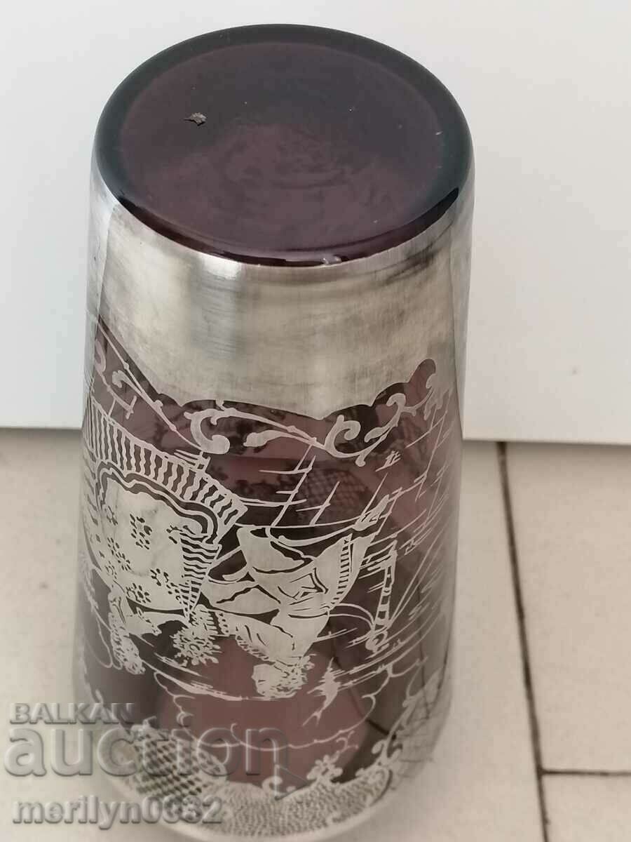 Old vase 20 cm hand applied with silver colored glass - 6