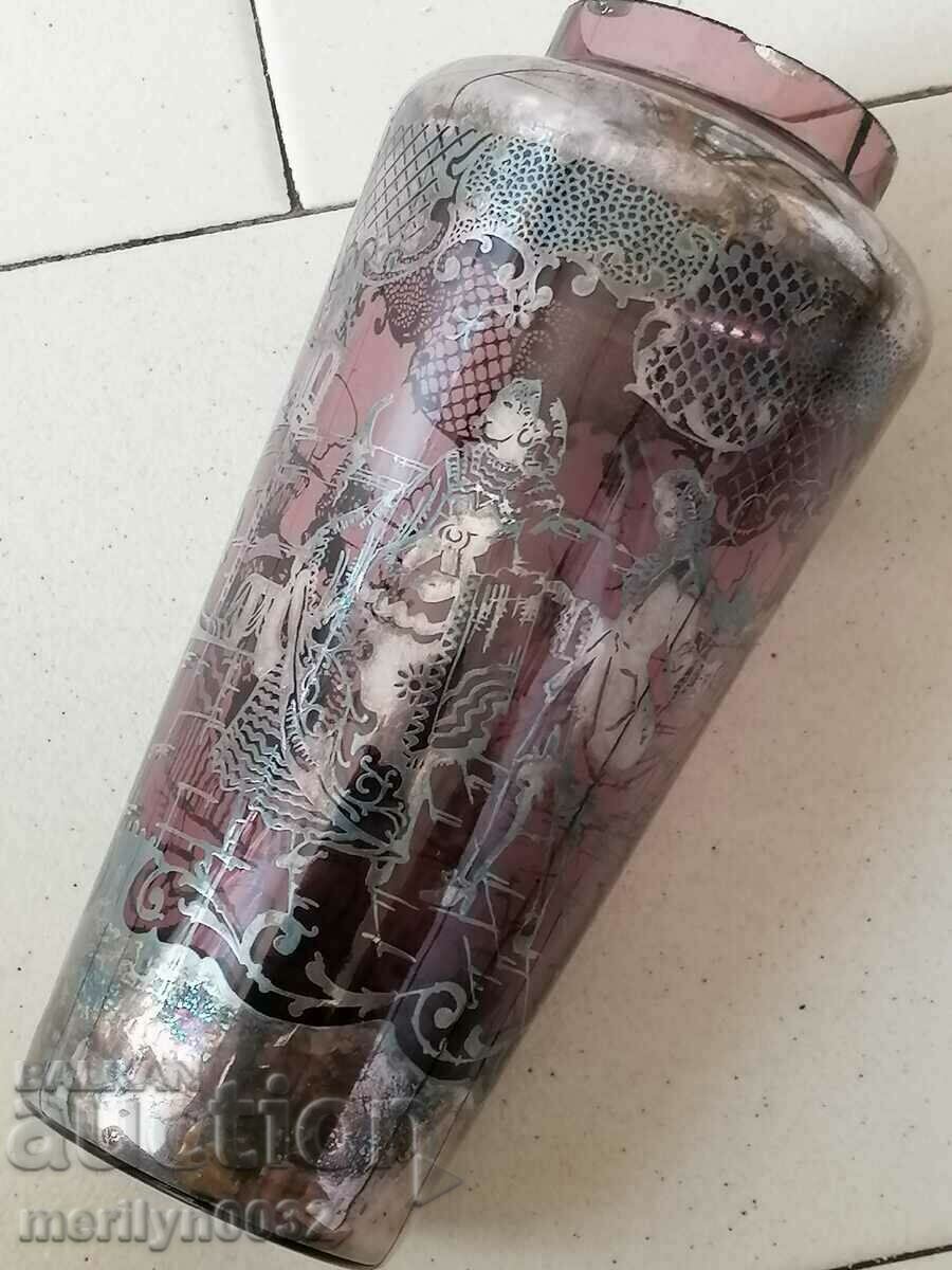 Old vase 20 cm hand applied with silver colored glass - 7