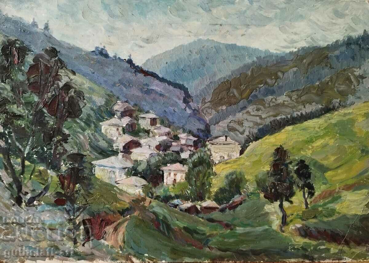 Picture, landscape, mountain, houses, 1970s.