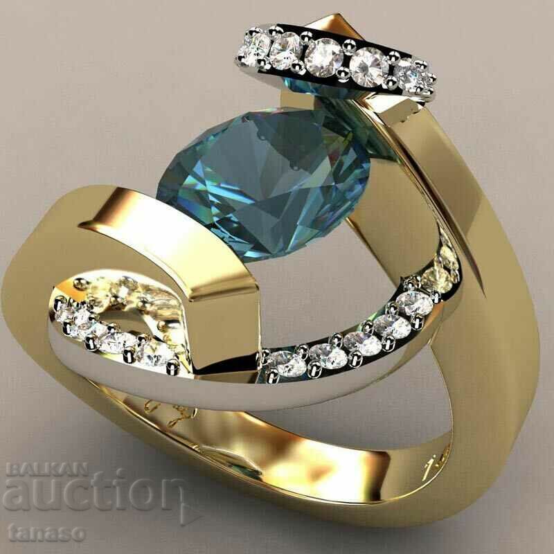 Women's ring with aquamarine and white zircons, gold plated