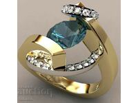 Women's ring with aquamarine and white zircons, gold plated