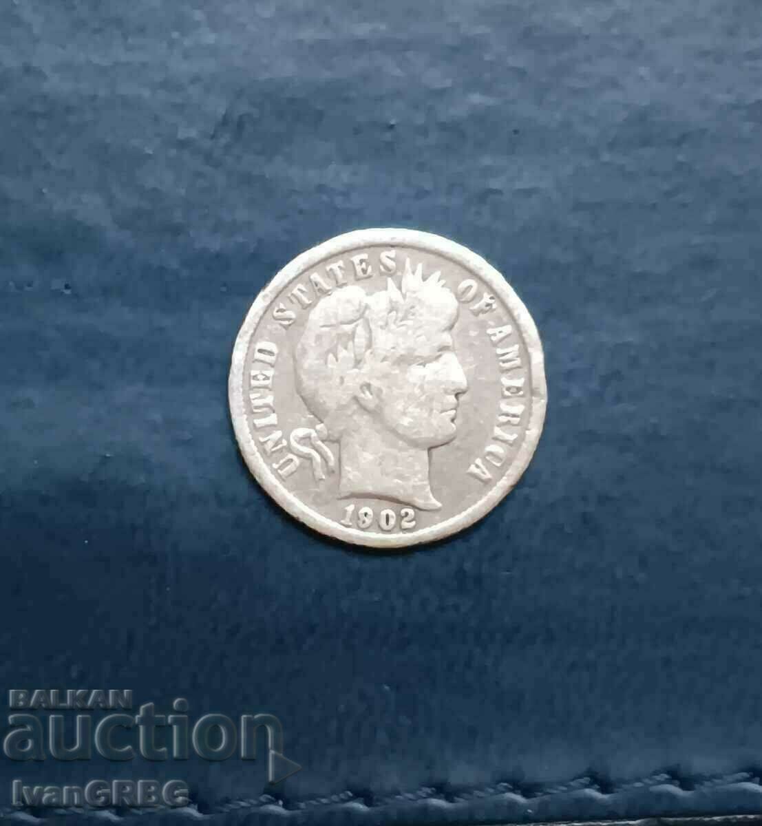 1 дайм 1902 САЩ сребро барбър дайм