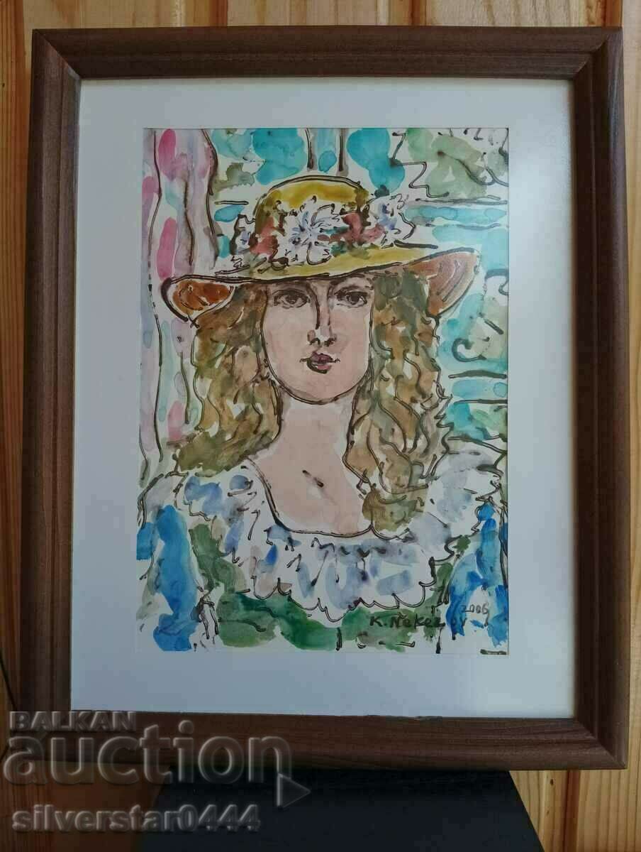 Картина Кръстю Некезов-Бърнинг-Жена с шапка 2006 г.