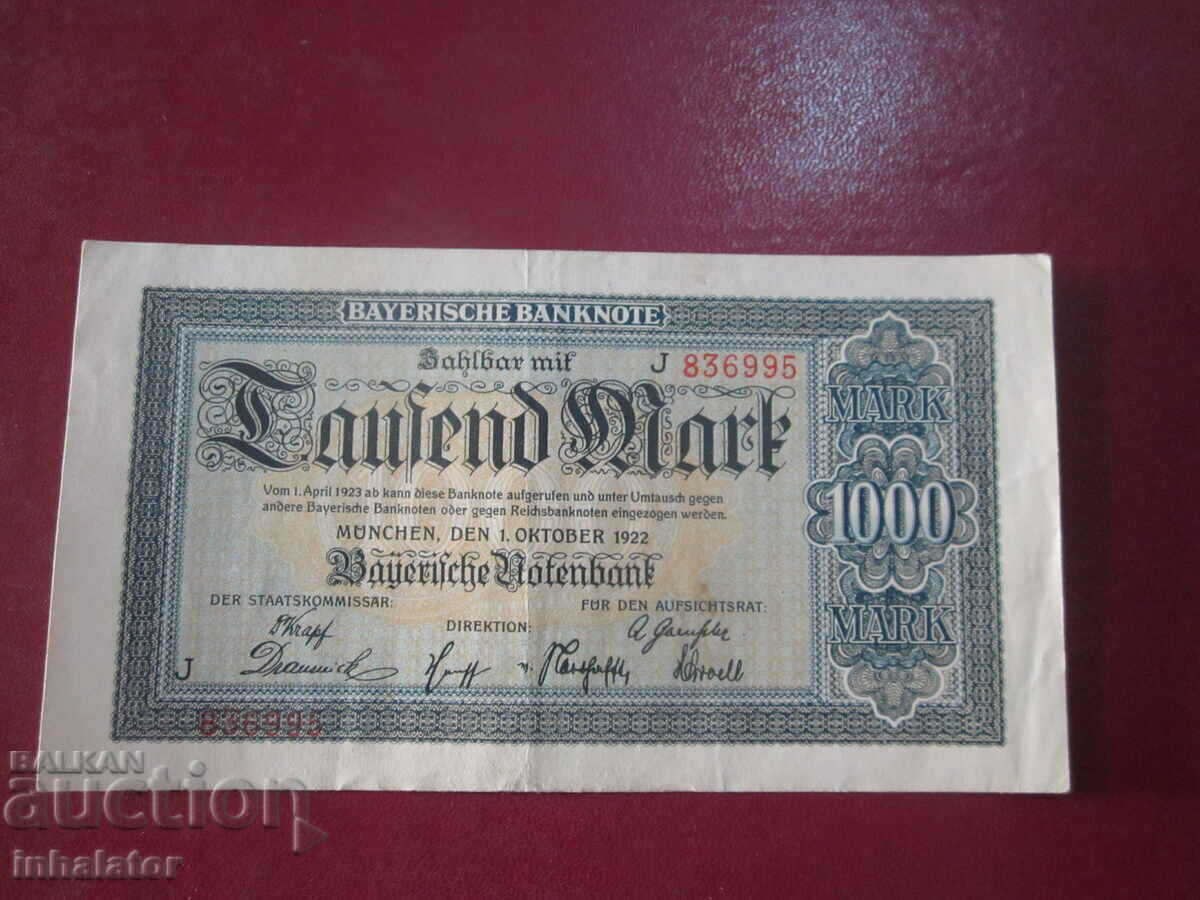 1000 Marks 1922 Bavarian Bank 16.5 -9 cm