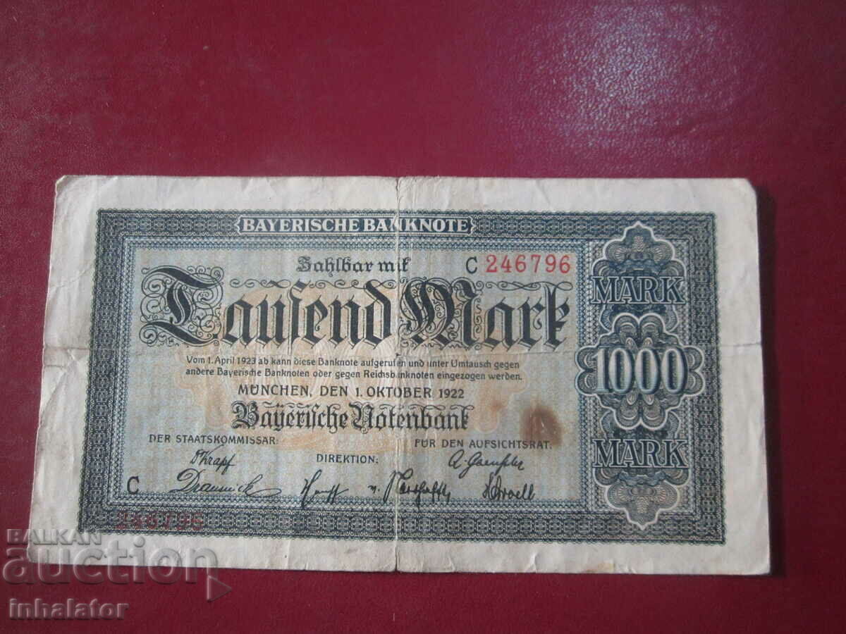1000 Μάρκα 1922 Βαυαρική Τράπεζα 16,5 -9 εκ