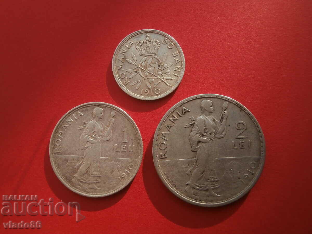 Monede de argint 50 bani 1910, 1 leu 1910, 2 lei 1910