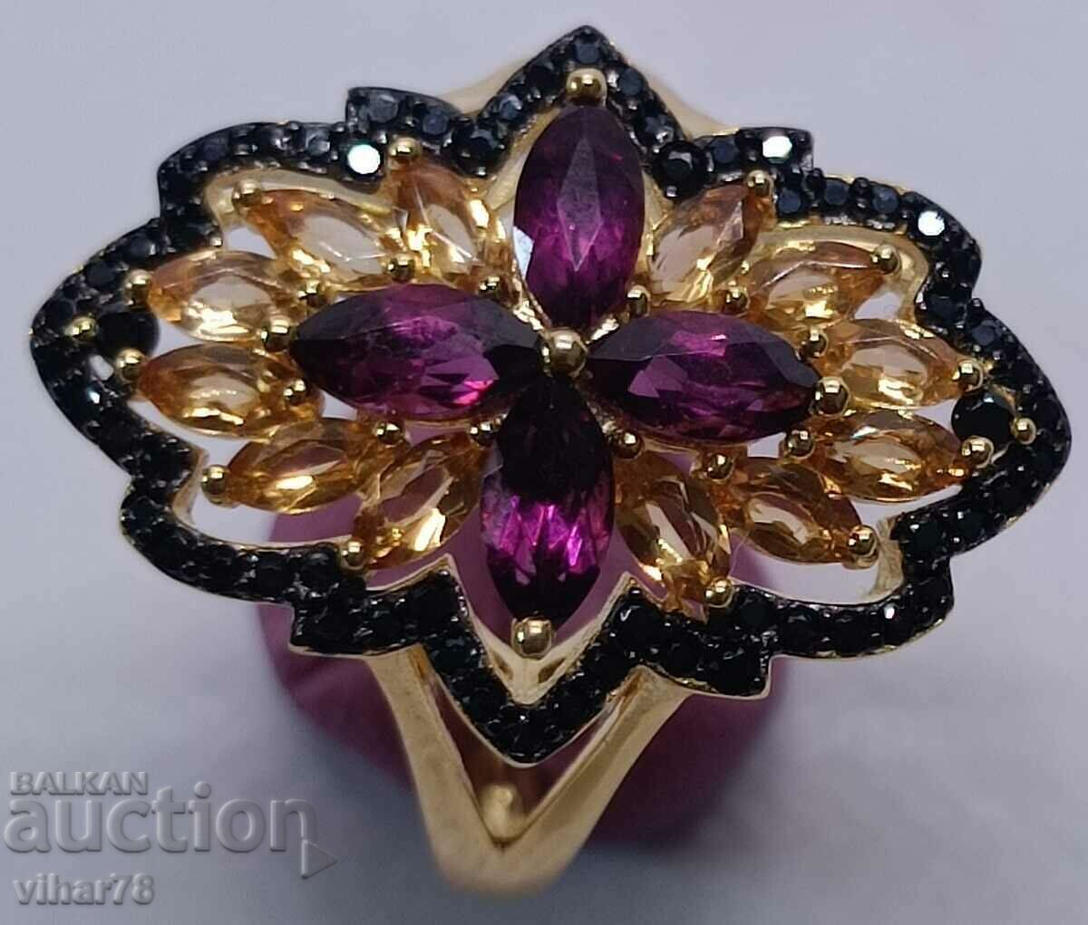 Silver ring with 14k gold plating, rhodolite, citrines with price 219.99 BGN | € 112.48 Silver ring with 14k gold plating, rhodolite, citrines with price 219.99 BGN | € 112.48