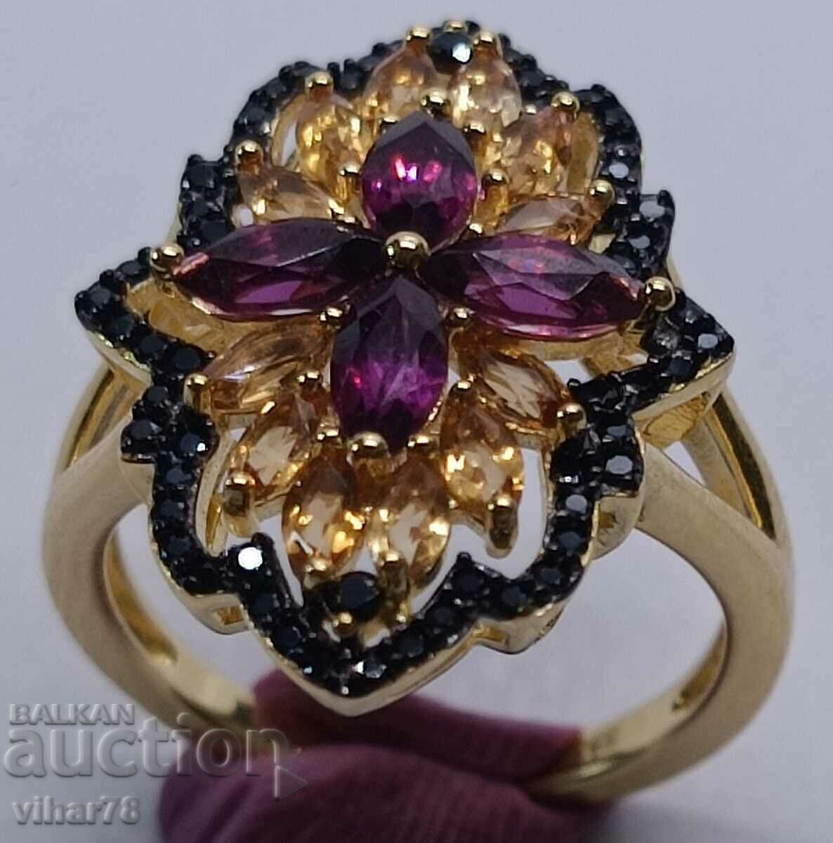 Auction Silver ring with 14k gold plating, rhodolite, citrines Auction Silver ring with 14k gold plating, rhodolite, citrines