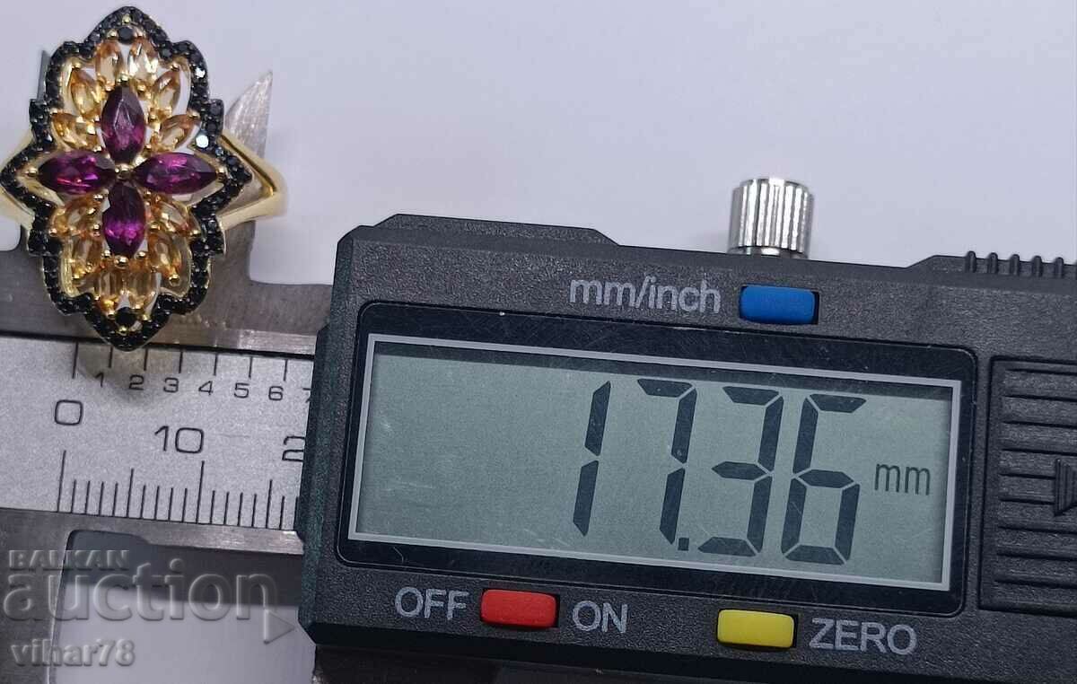 Silver ring with 14k gold plating, rhodolite, citrines - 5 Silver ring with 14k gold plating, rhodolite, citrines - 5