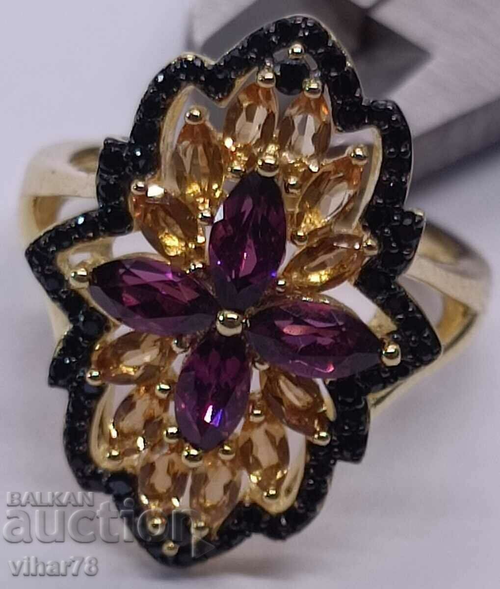 Silver ring with 14k gold plating, rhodolite, citrines