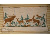 Old "Waffle" cloth with embroidered picture Herd of deer