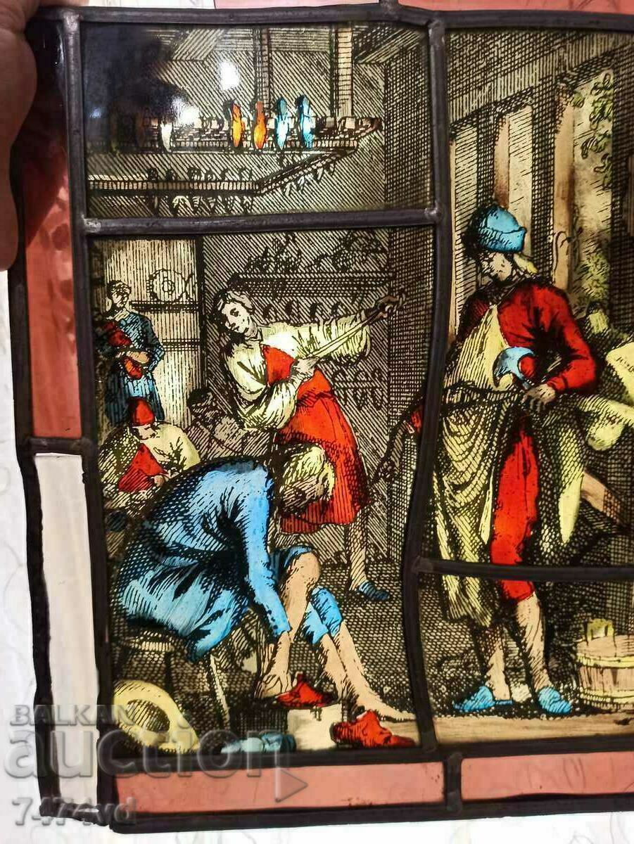 Auction OLD STAINED GLASS PAINTING, PICTURE ON GLASS, Auction OLD STAINED GLASS PAINTING, PICTURE ON GLASS,