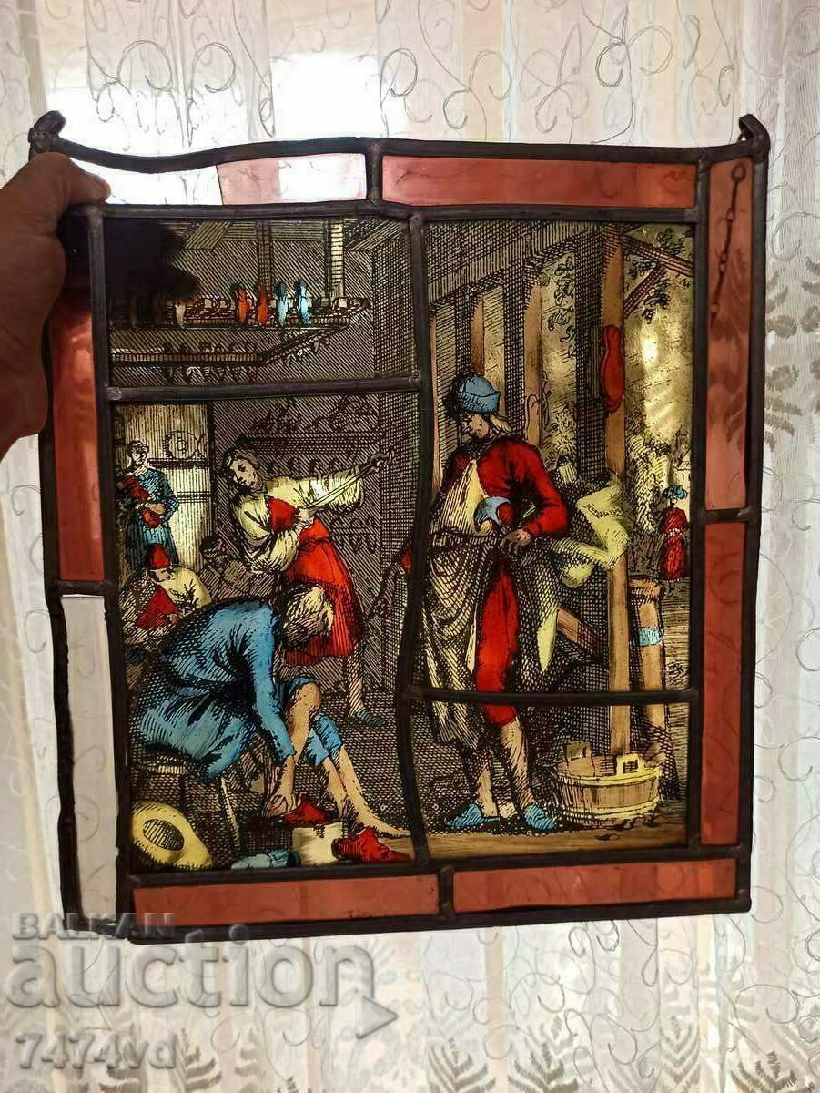 OLD STAINED GLASS PAINTING, PICTURE ON GLASS, - 5 OLD STAINED GLASS PAINTING, PICTURE ON GLASS, - 5