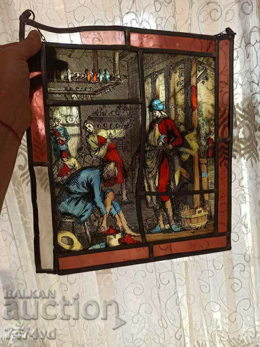 OLD STAINED GLASS PAINTING, PICTURE ON GLASS, OLD STAINED GLASS PAINTING, PICTURE ON GLASS,