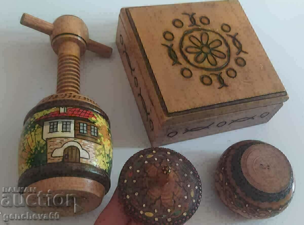 Corkscrew, salt shaker and jewelry box/wooden