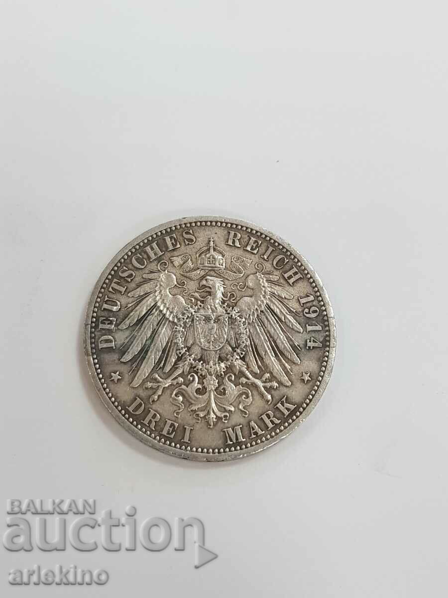 Сребърна Германска монета 3 марки 1914 Прусия