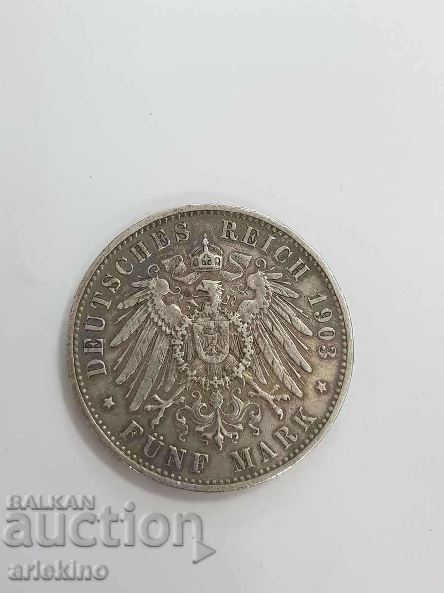 Silver German coin 5 marks 1903