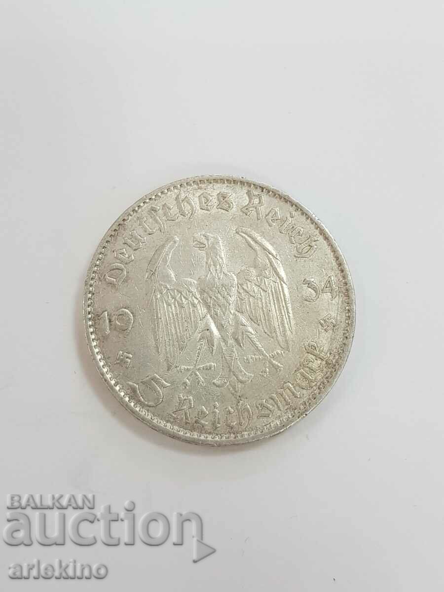 Moneda germană de argint 5 mărci Reich 1934 F
